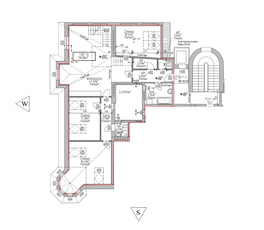 Grundriss einer Wohnung mit Wohnküche, drei Zimmern, Bad und separatem WC.