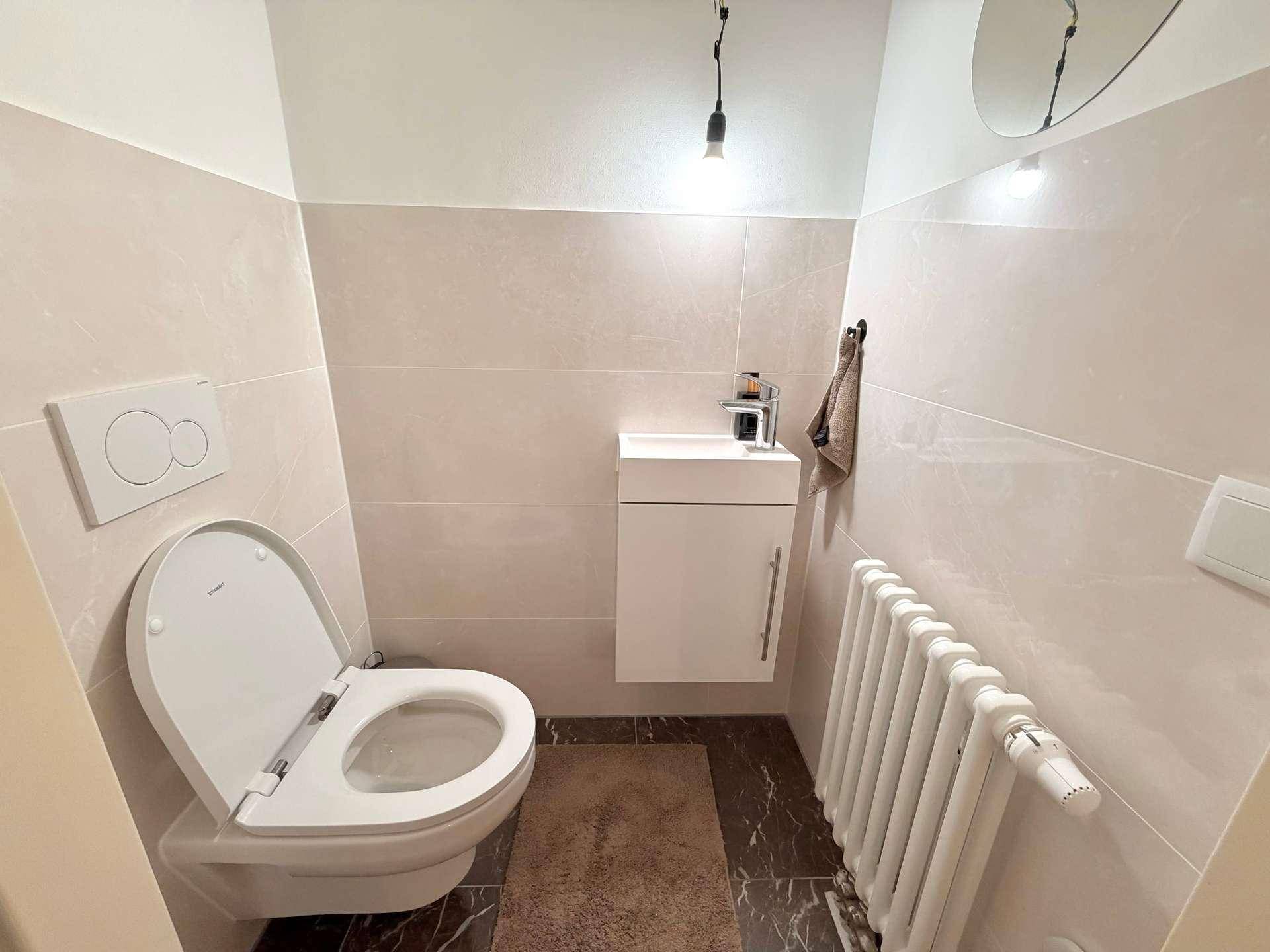 Modernes Gäste-WC mit wandhängender Toilette, kleinem Waschbecken und Heizkörper.