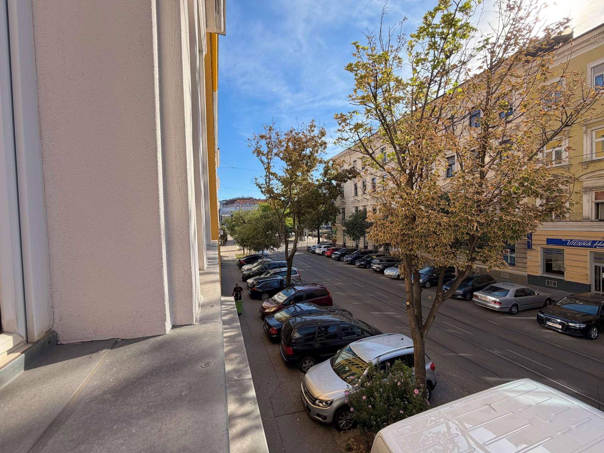 Seitenansicht einer Straße mit parkenden Autos, Bäumen und Gebäuden unter blauem Himmel.