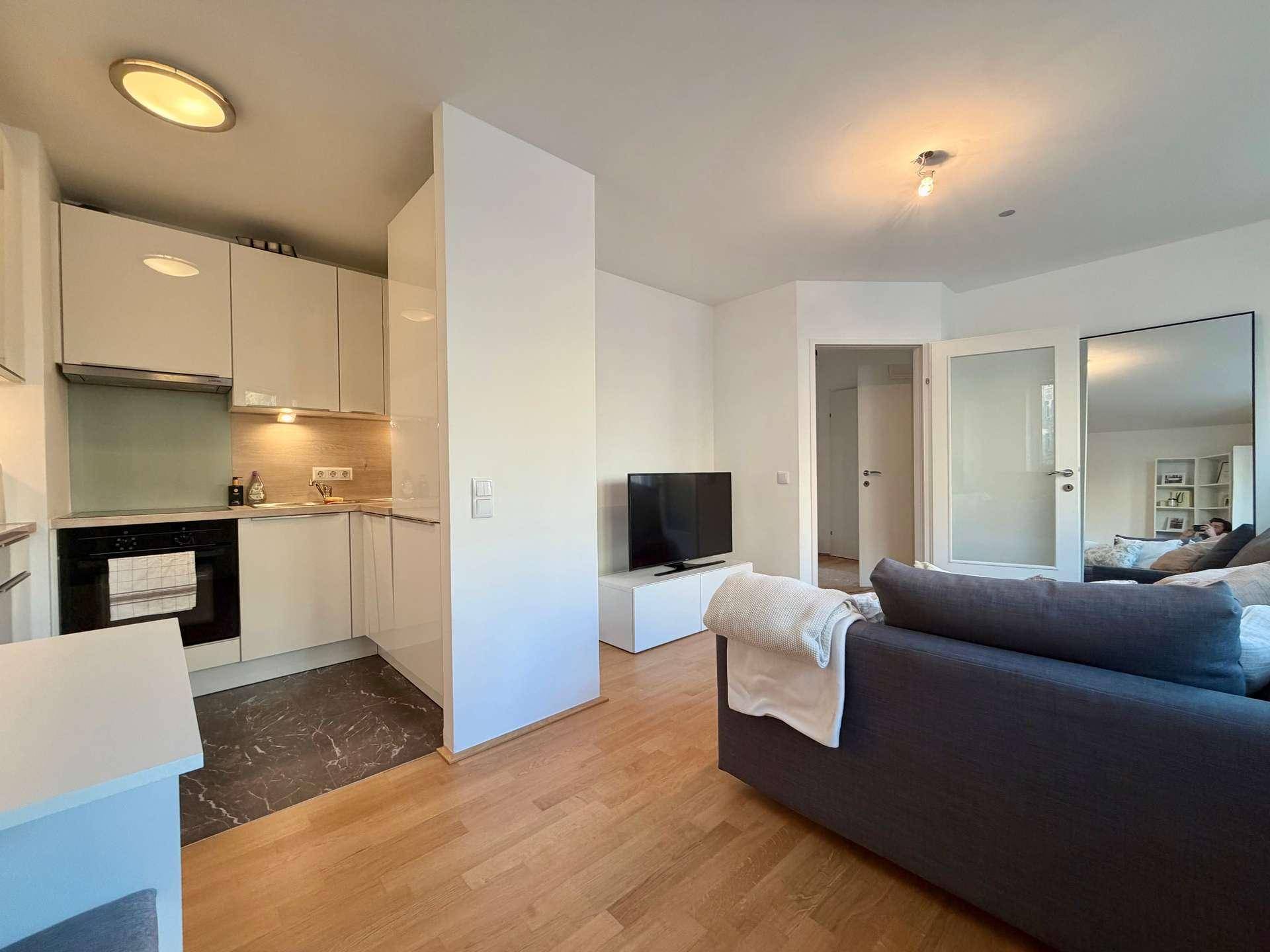 Offener Wohnbereich mit integrierter Küchenzeile, Sofa und Fernseher.