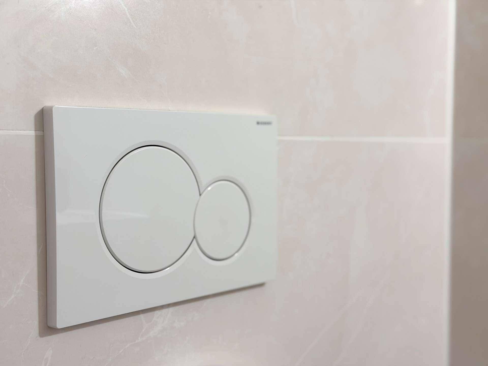Detailansicht der modernen Spültaste für die wandhängende Toilette.