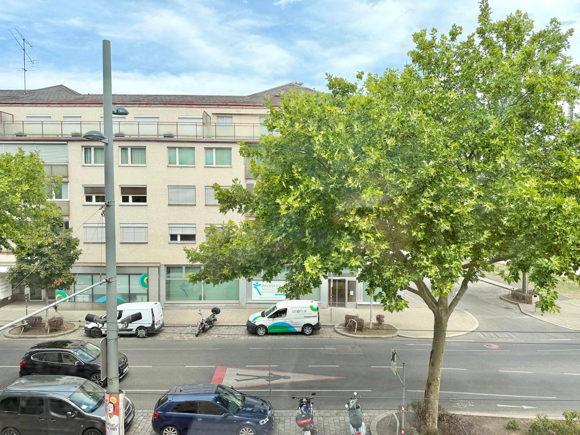 Weitblick von oben auf eine belebte Straße mit Bäumen und städtischer Umgebung.