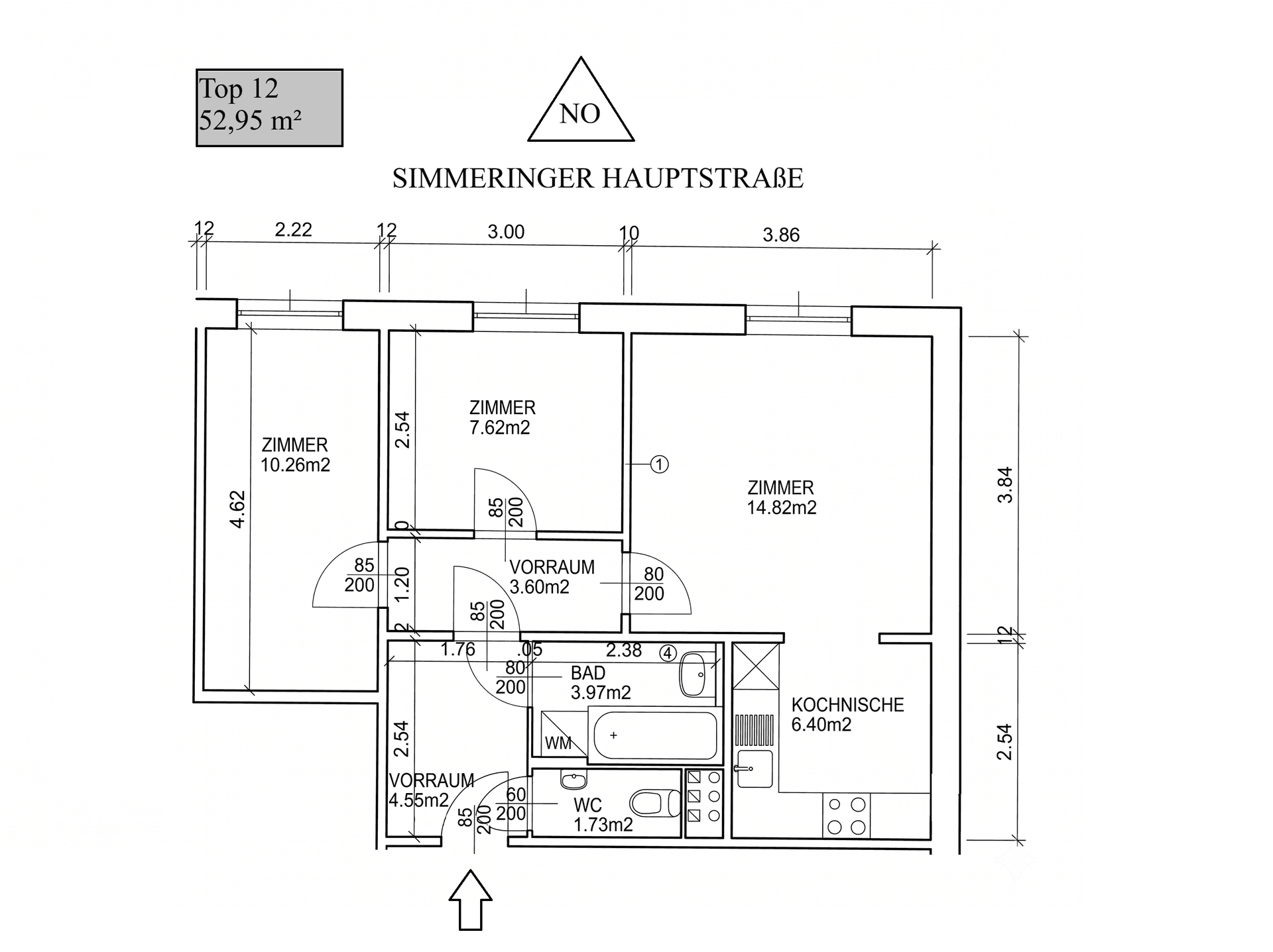 Grundriss einer Wohnung mit drei Zimmern, separater Küche und Bad, insgesamt 52,95 m².