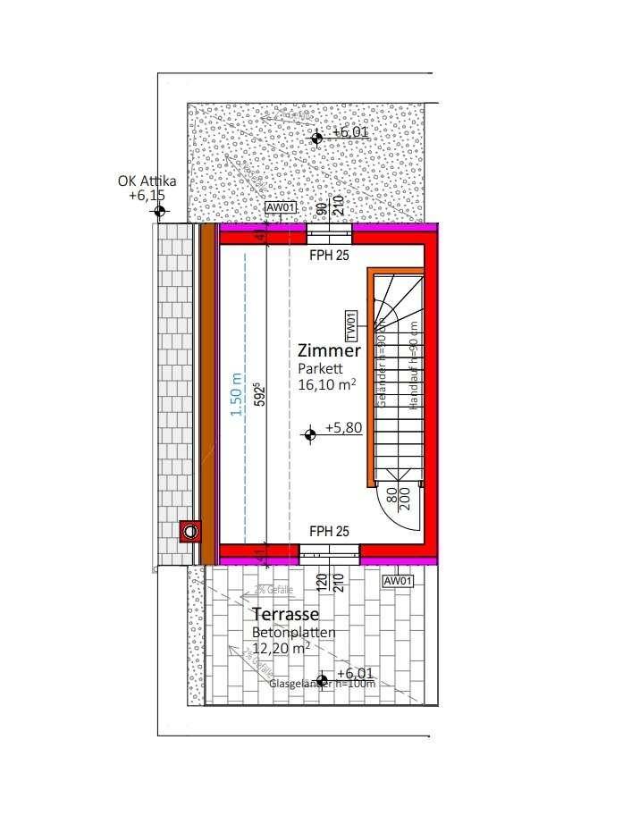 Grundriss des Dachgeschosses mit einem Zimmer und großer Dachterrasse.