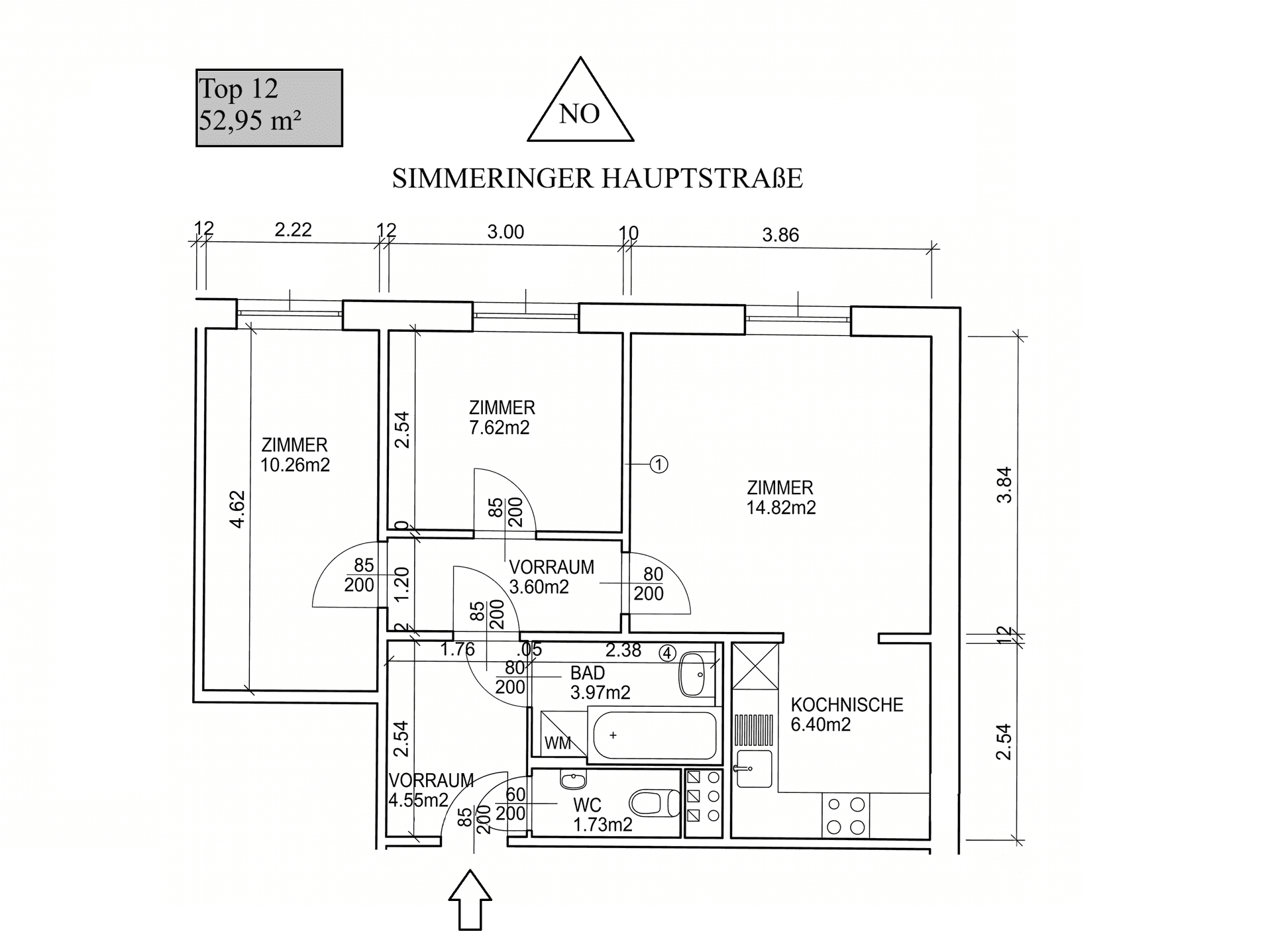 Grundriss einer Wohnung mit 52,95 m² und drei Zimmern, Bad und Kochbereich.