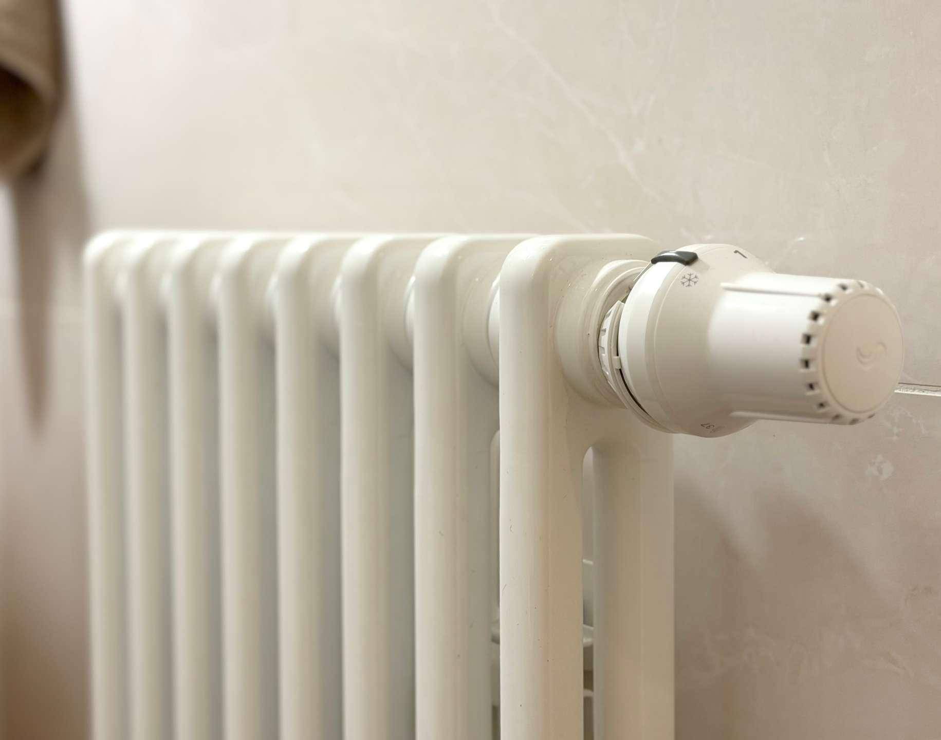 Detailansicht eines weißen Heizkörpers mit Thermostatventil.