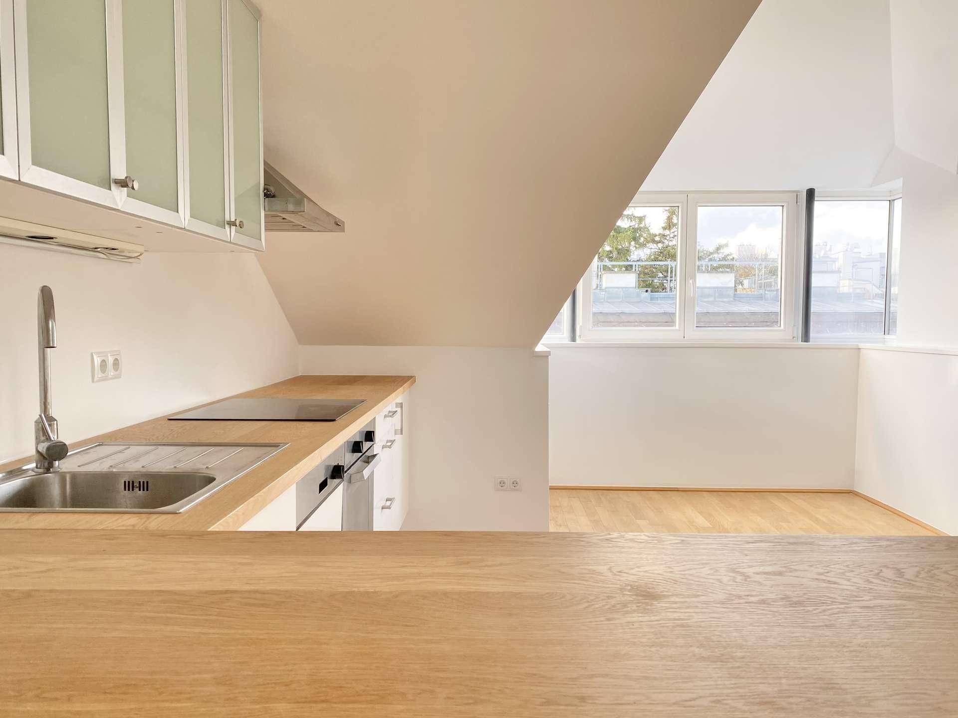 Detailansicht der modernen Küche mit Holz-Arbeitsplatte, Spüle und Induktionskochfeld.