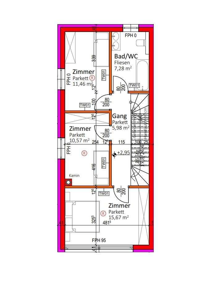Grundriss des Obergeschosses mit drei Schlafzimmern, einem Badezimmer und Flur.
