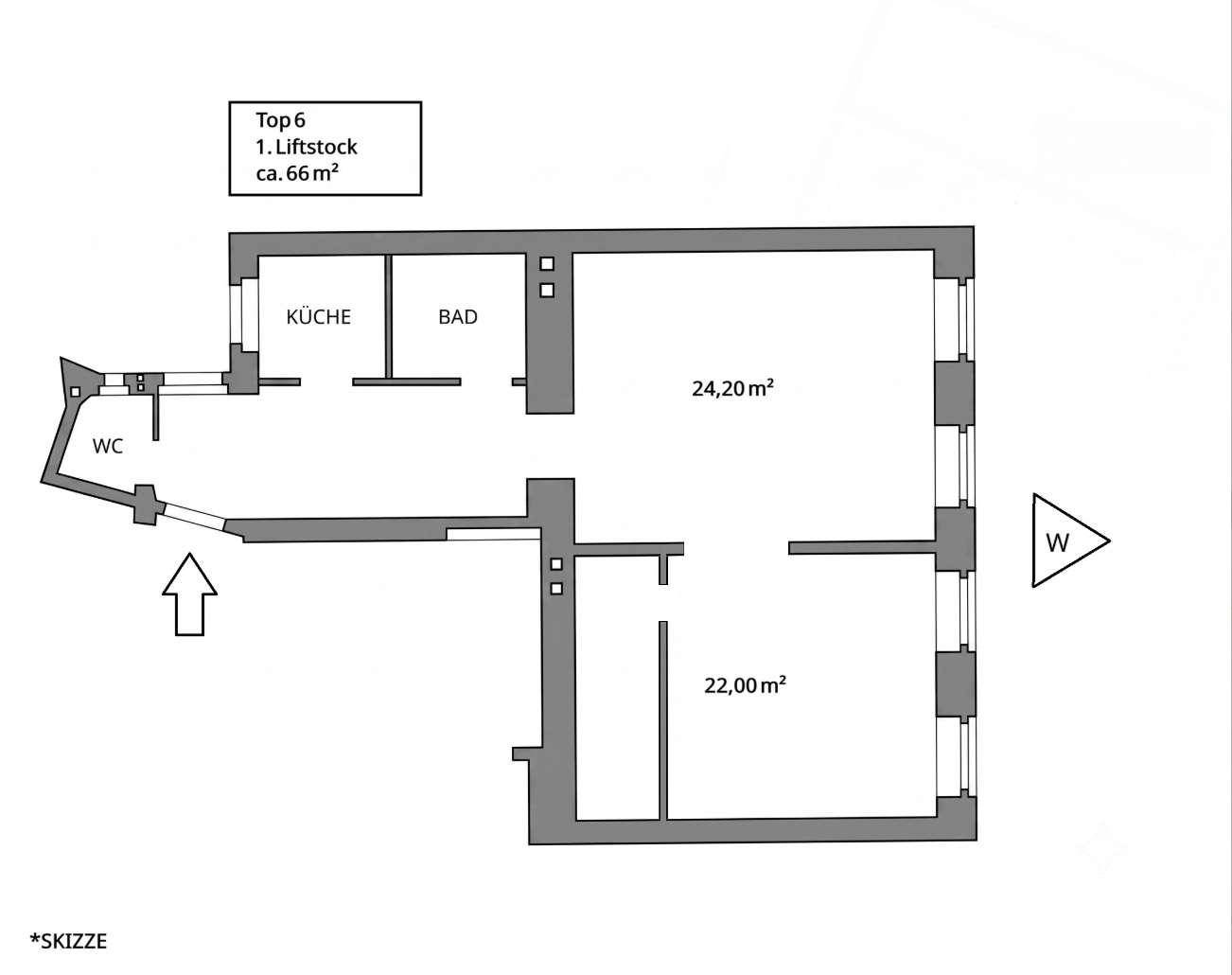 Grundriss der Wohnung im ersten Liftstock mit ca. 66 m², inklusive Küche, Bad und WC.