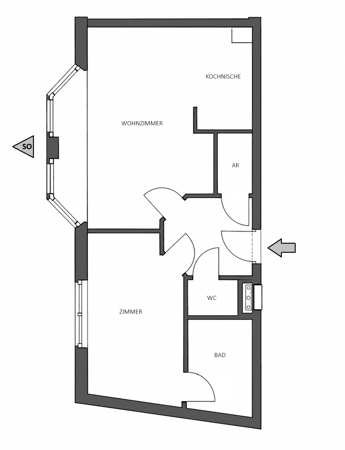 Grundriss der Wohnung mit Wohnzimmer, Zimmer, Kochnische, Bad und separatem WC.