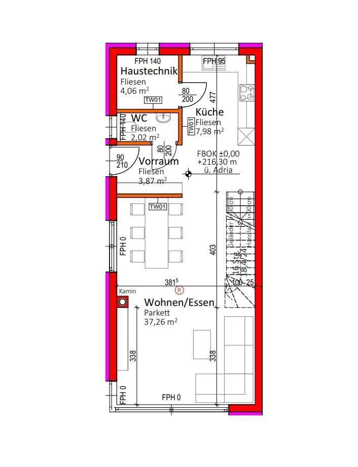 Grundriss des Erdgeschosses mit offenem Wohn-Essbereich, Küche und separatem WC.