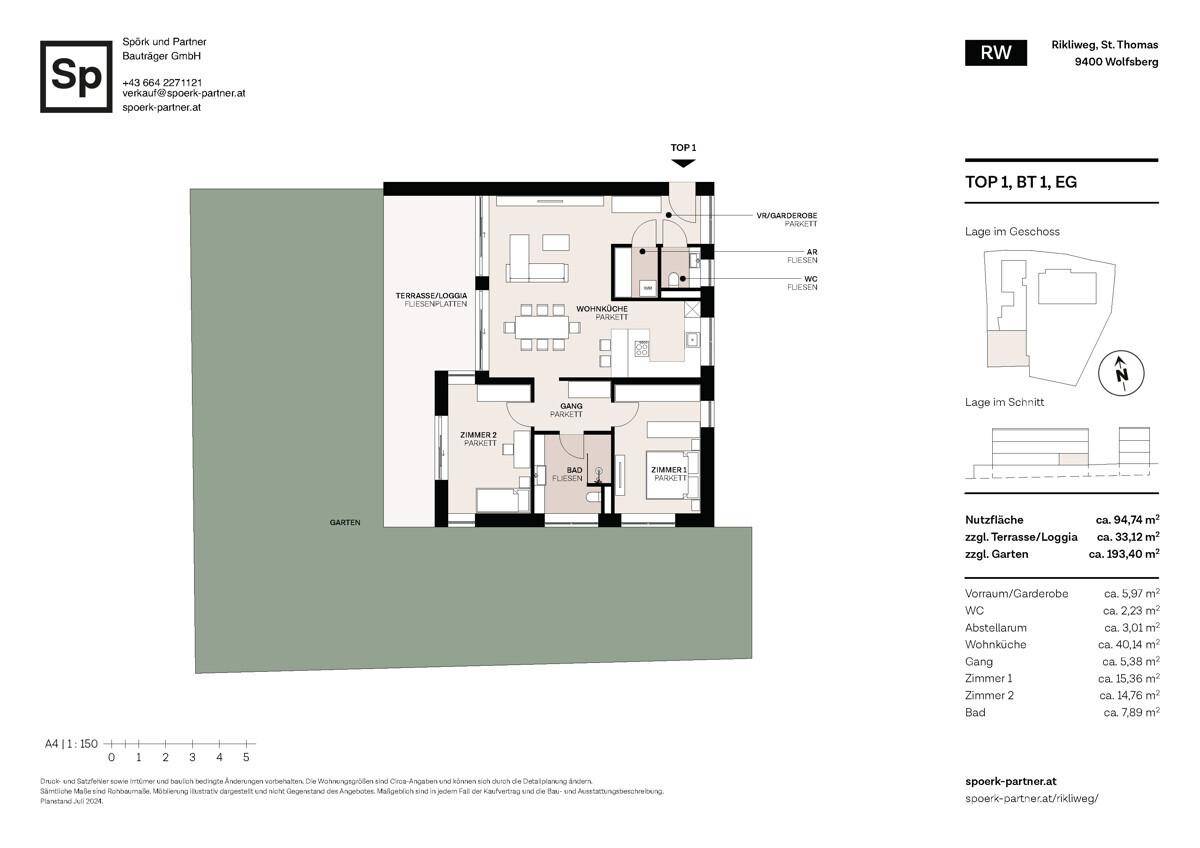 Grundriss der Erdgeschosswohnung TOP 1 mit Terrasse, Loggia und großem Gartenbereich.