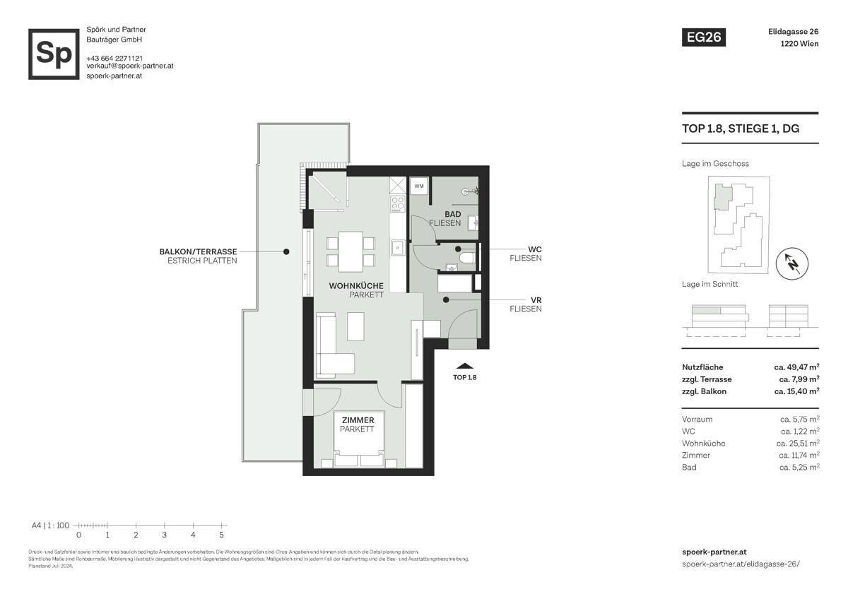 Grundriss einer Dachgeschosswohnung mit offener Wohnküche, einem Schlafzimmer, Bad, WC und großem Balkon/Terrasse.