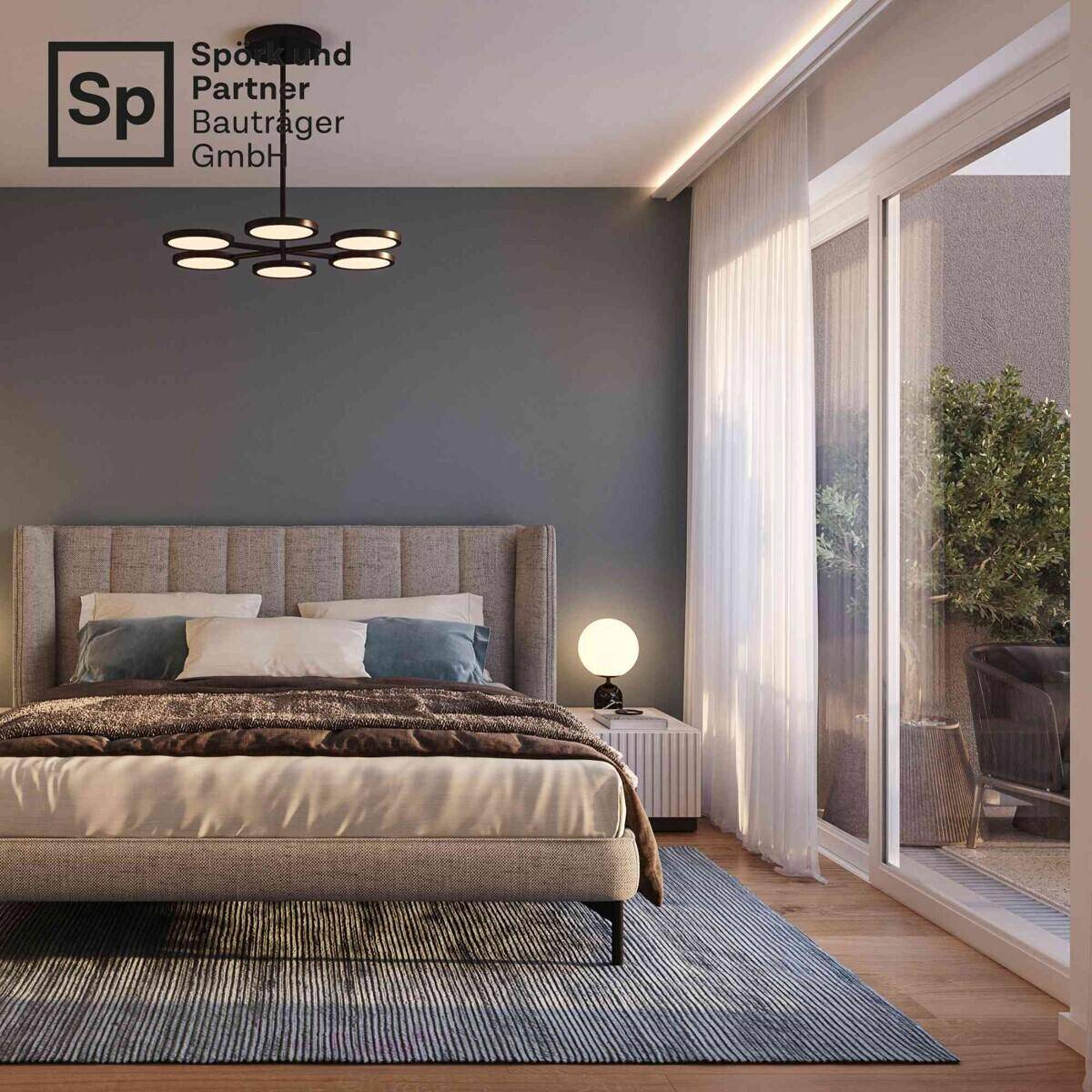 Modernes Schlafzimmer mit großem Bett, dunklen Wänden und Zugang zu einem privaten Außenbereich.