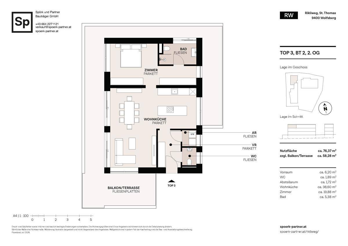 Grundriss der Obergeschosswohnung TOP 3 mit Balkon, Terrasse und offener Wohnküche.