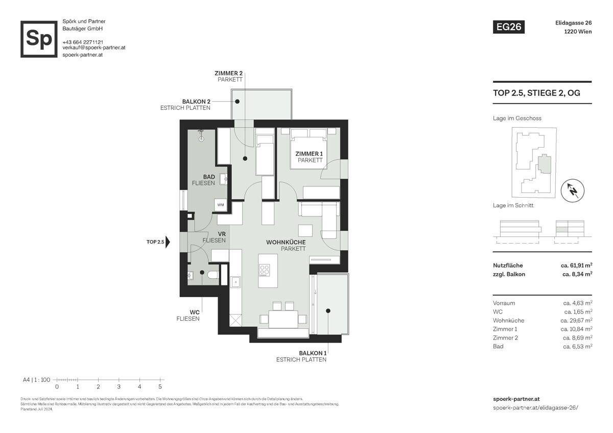 Grundriss einer Obergeschosswohnung mit offener Wohnküche, zwei Schlafzimmern, Bad, WC und zwei Balkonen.