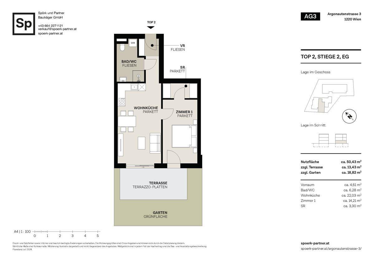 Grundriss einer Erdgeschosswohnung mit einem Schlafzimmer, offener Wohnküche, Bad, Terrasse und Garten.