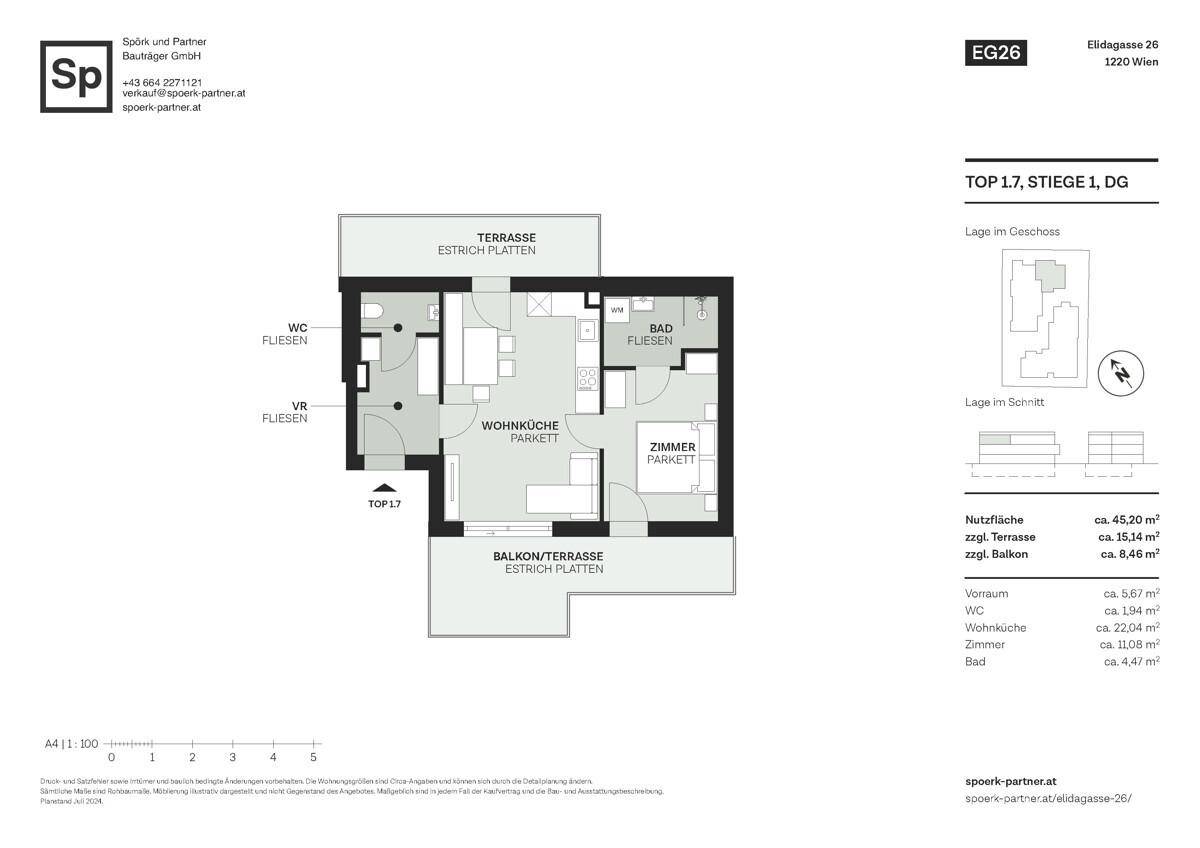 Grundriss einer Dachgeschosswohnung mit offener Wohnküche, einem Zimmer, Bad, WC und zwei Außenbereichen.