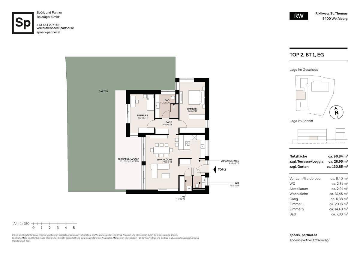 Grundriss der Erdgeschosswohnung mit Terrasse, Loggia und Garten.