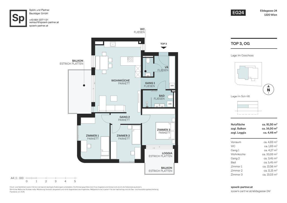 Grundriss einer Obergeschosswohnung mit offener Wohnküche, drei Schlafzimmern, Bad, separatem WC, zwei Balkonen und Loggia.