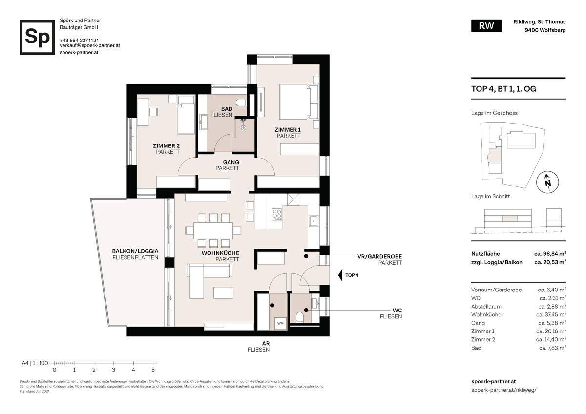 Grundriss der Obergeschosswohnung TOP 4 mit Balkon, Loggia und offener Wohnküche.