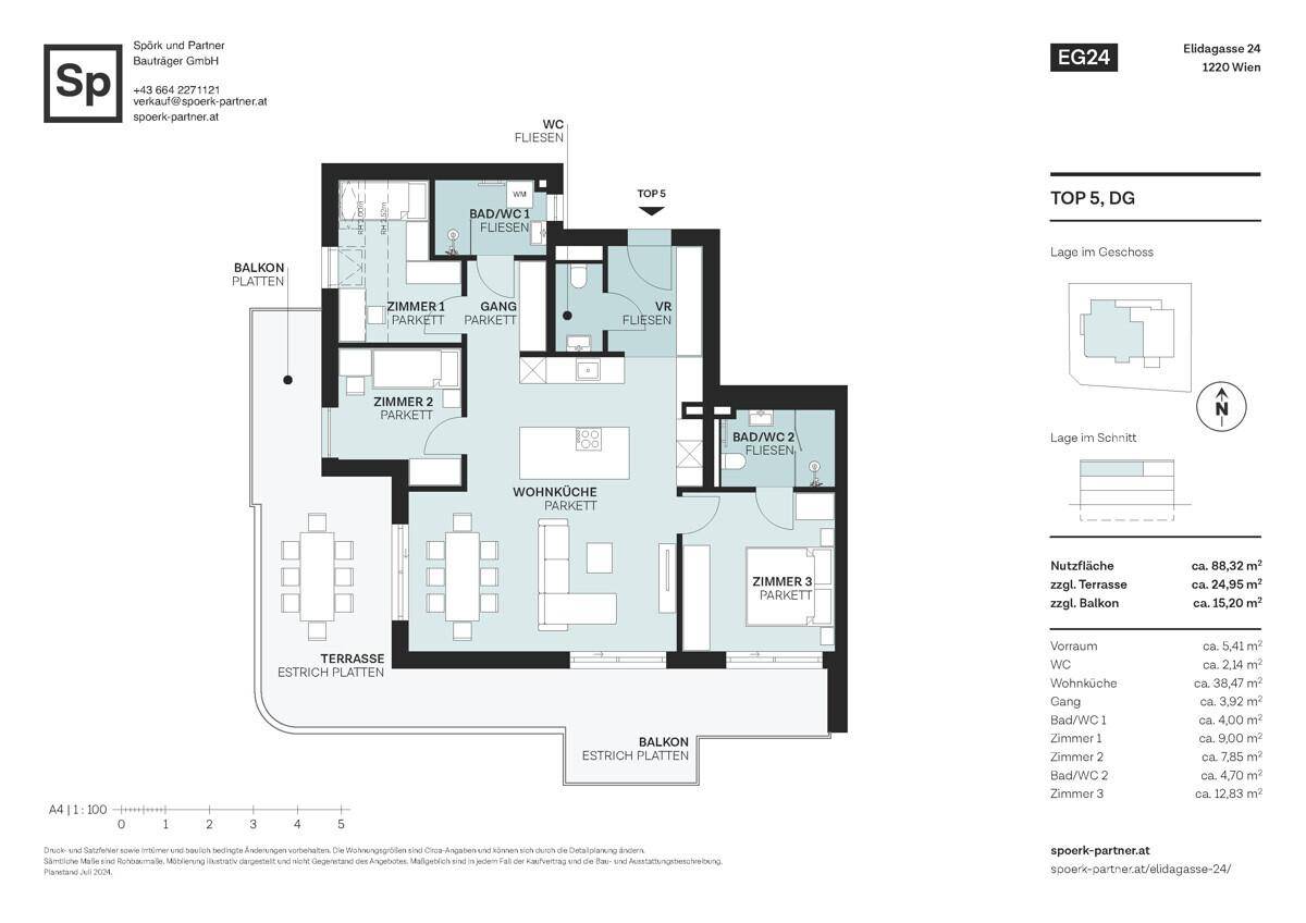 Grundriss einer Dachgeschosswohnung mit offener Wohnküche, drei Schlafzimmern, zwei Bädern, separatem WC, Terrasse und Balkon.