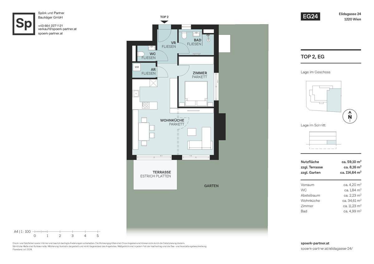 Grundriss einer Erdgeschosswohnung mit offener Wohnküche, einem Schlafzimmer, Bad, separatem WC, Terrasse und Garten.