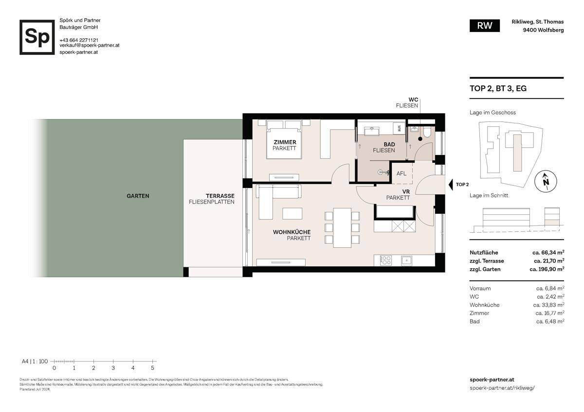 Grundriss der Erdgeschosswohnung TOP 2 mit Terrasse, Garten und offener Wohnküche.