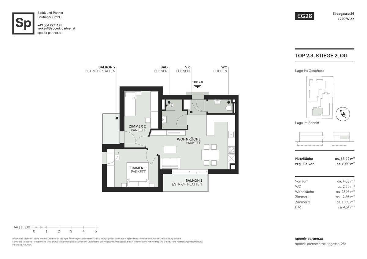 Grundriss einer Obergeschosswohnung mit offener Wohnküche, zwei Schlafzimmern, Bad, WC und zwei Balkonen.