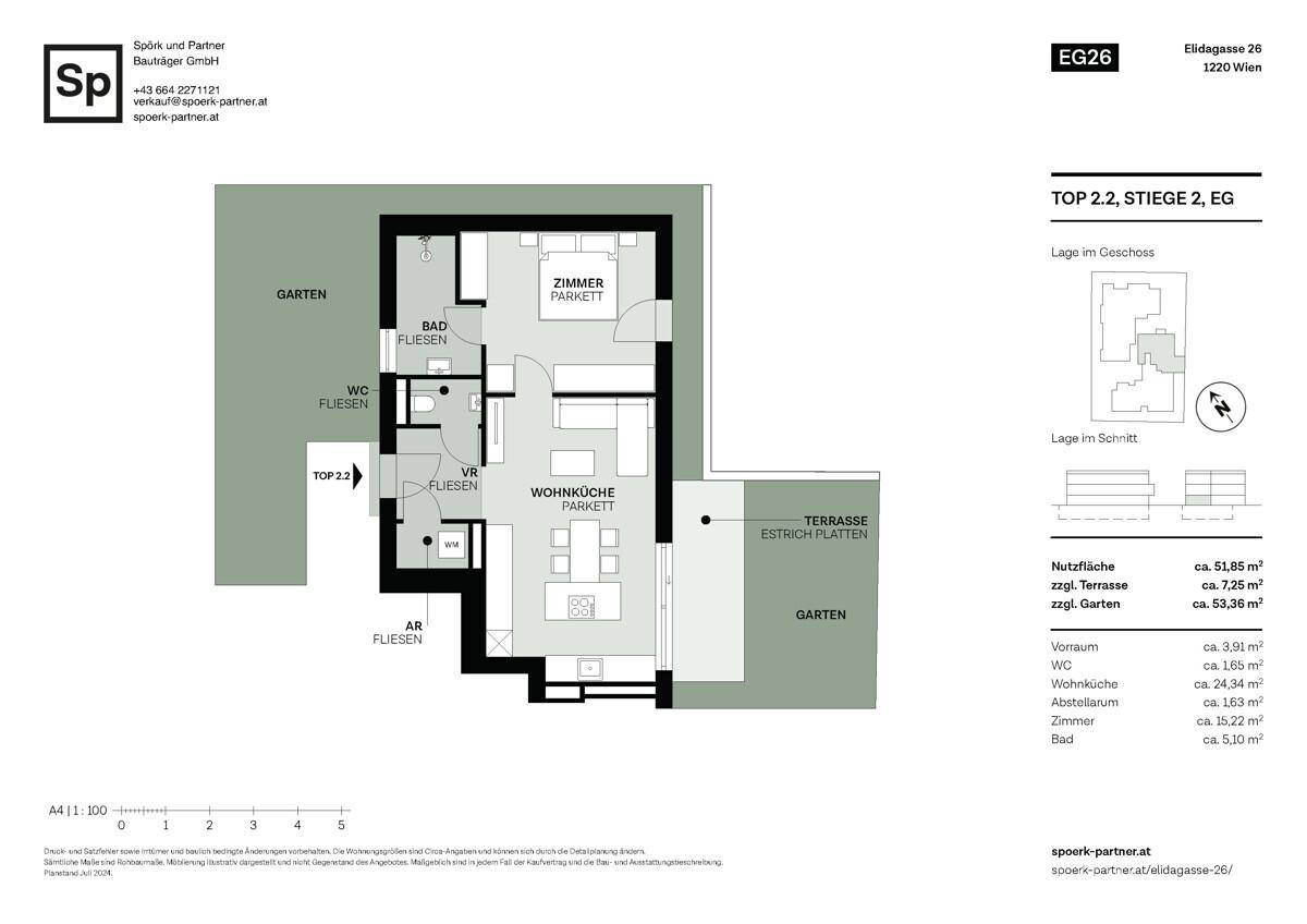 Grundriss einer Erdgeschosswohnung mit offener Wohnküche, einem Schlafzimmer, Bad, WC, Terrasse und zwei Gärten.