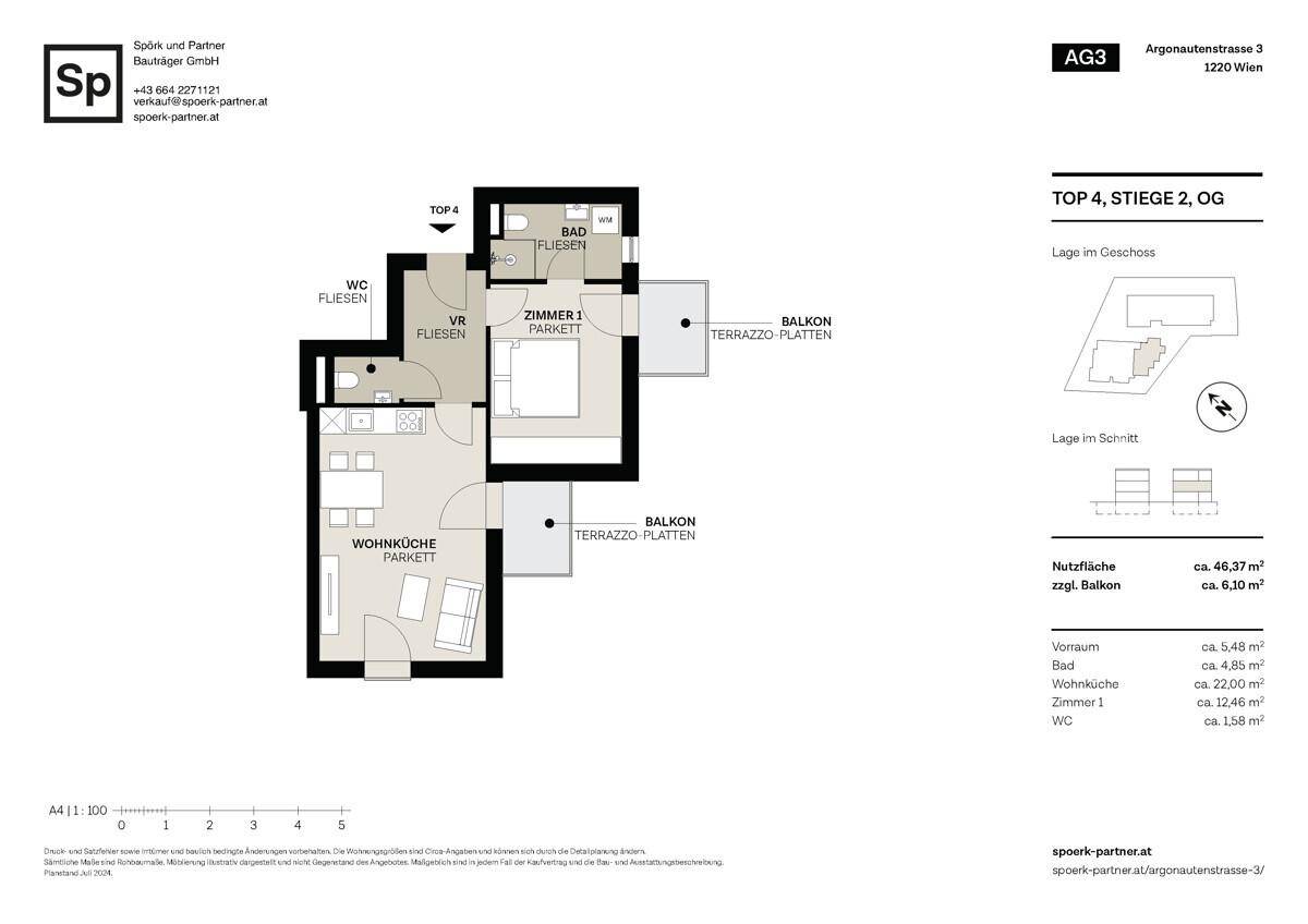 Grundriss einer Wohnung mit einem Schlafzimmer, offener Wohnküche, Bad, separatem WC und zwei Balkonen.