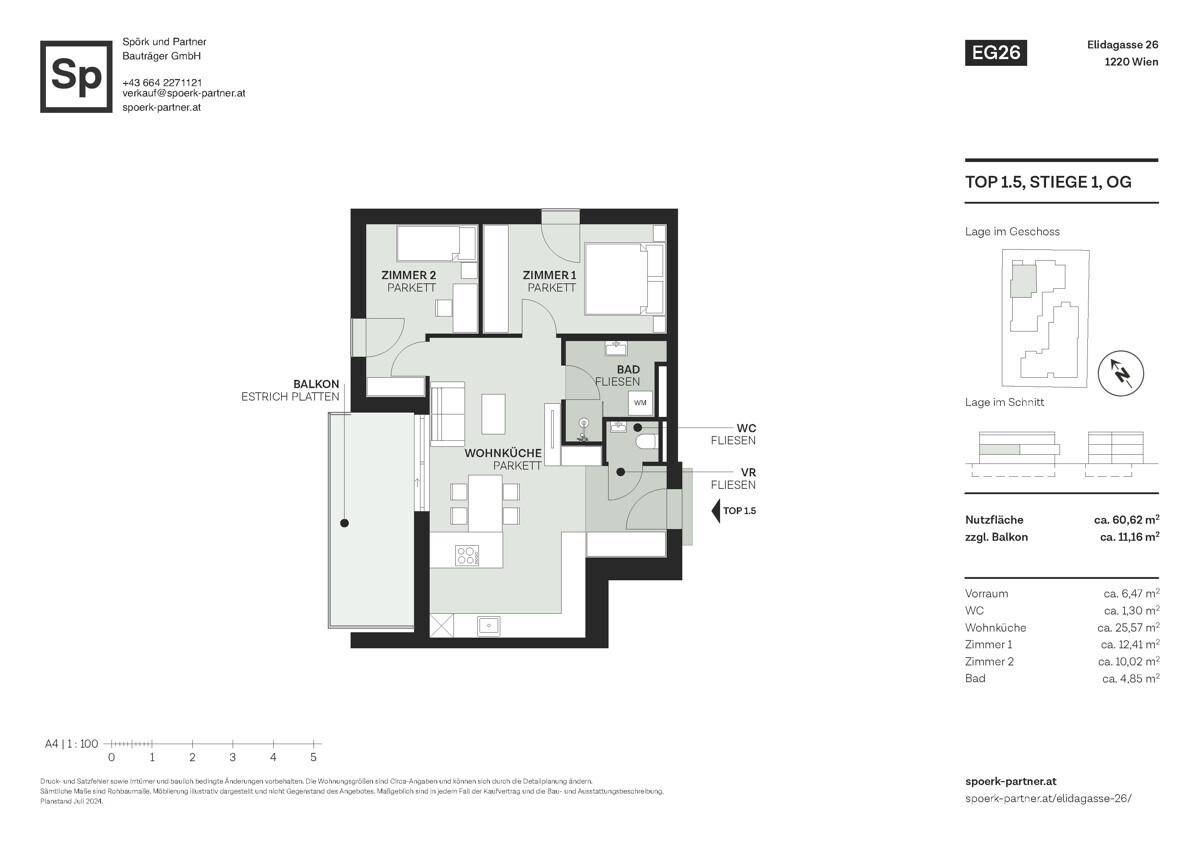 Grundriss einer Obergeschosswohnung mit offener Wohnküche, zwei Schlafzimmern, Bad, WC und Balkon.