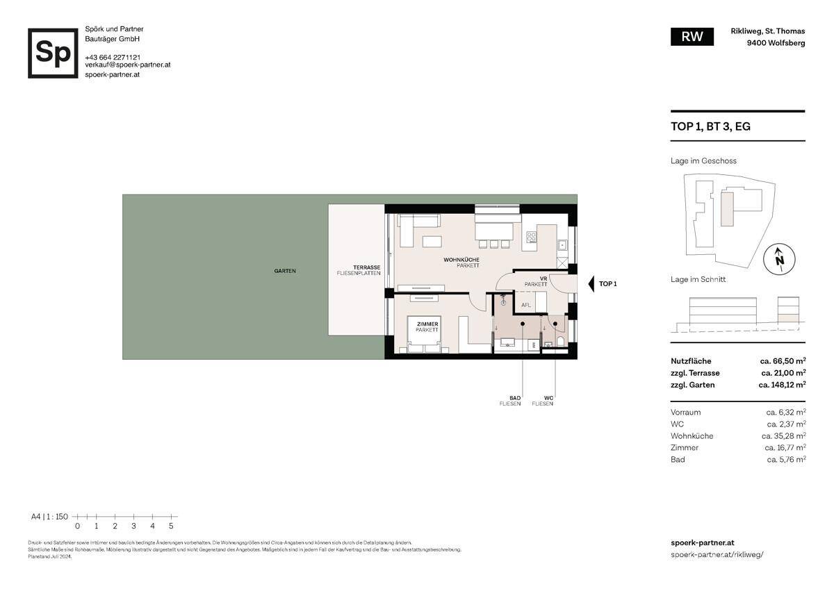 Grundriss der Erdgeschosswohnung TOP 1 mit Terrasse, Garten und offener Wohnküche.