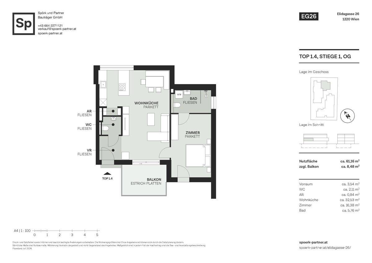 Grundriss einer Obergeschosswohnung mit offener Wohnküche, einem Schlafzimmer, Bad, WC und Balkon.