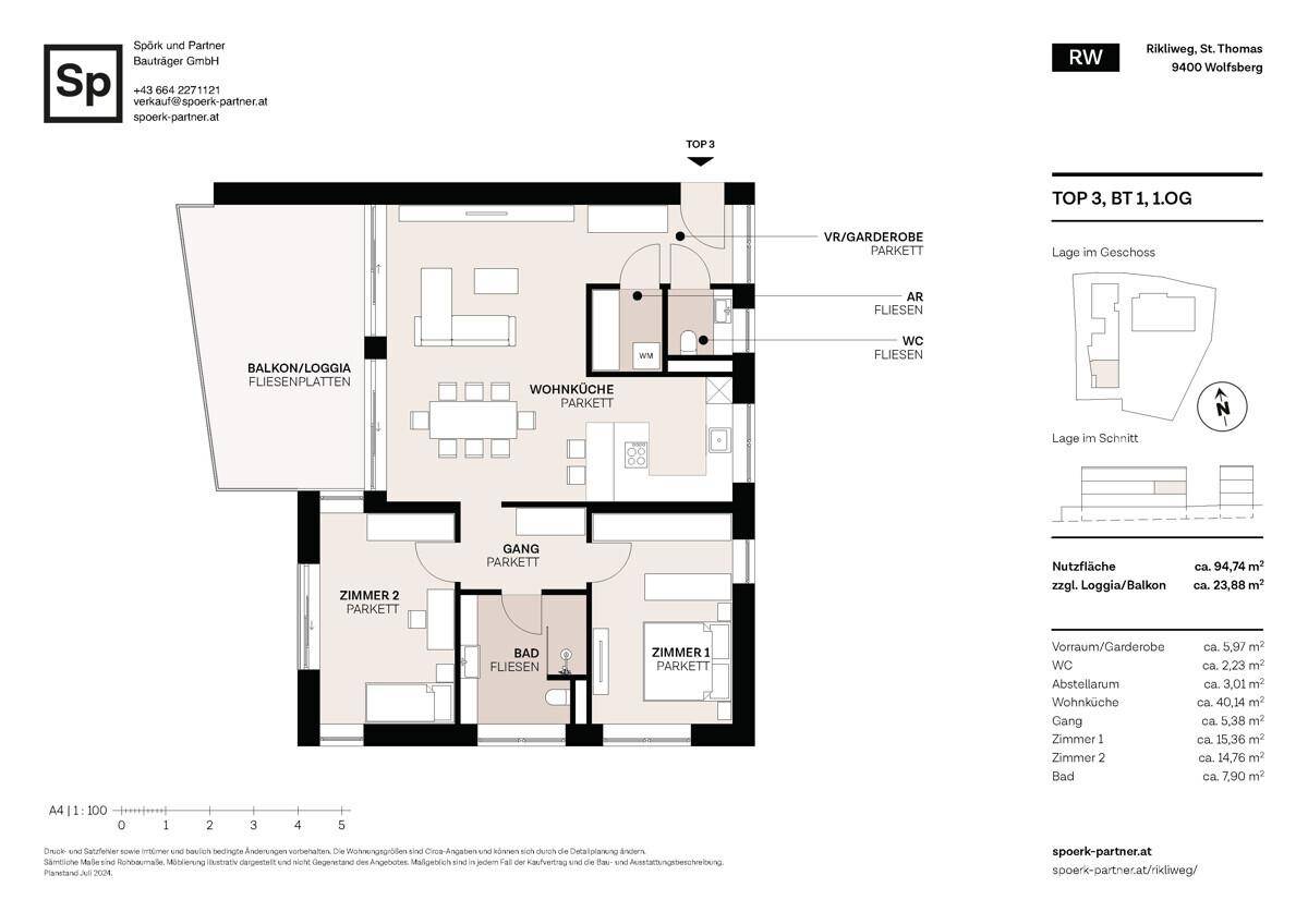 Grundriss einer Wohnung mit offener Wohnküche, zwei Schlafzimmern und Loggia/Balkon.