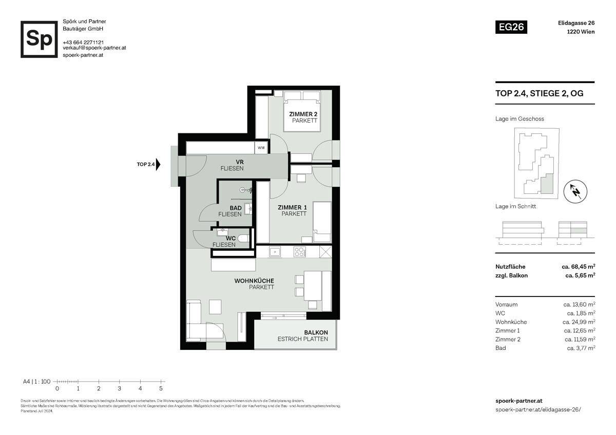 Grundriss einer Obergeschosswohnung mit offener Wohnküche, zwei Schlafzimmern, Bad, WC und Balkon.