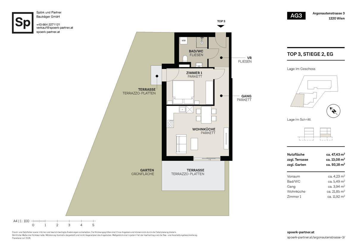 Grundriss einer Erdgeschosswohnung mit einem Schlafzimmer, offener Wohnküche, Bad, Terrasse und Garten.