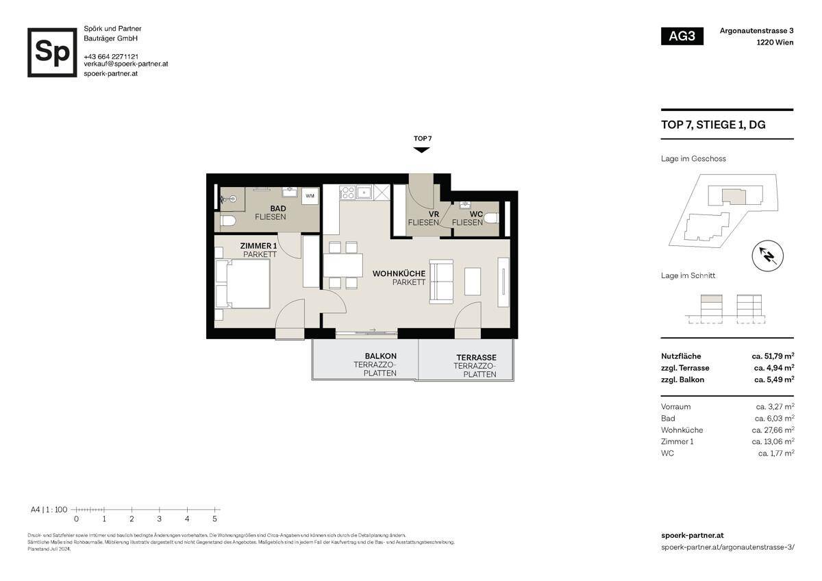 Grundriss einer Wohnung mit einem Schlafzimmer, offener Wohnküche, Bad, separatem WC, Balkon und Terrasse.