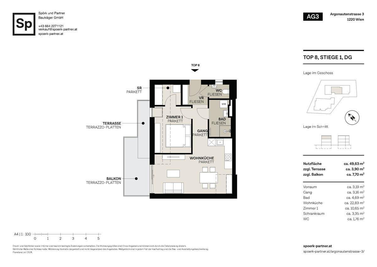 Grundriss einer Wohnung mit einem Schlafzimmer, offener Wohnküche, Bad, separatem WC, Balkon und großer Terrasse.