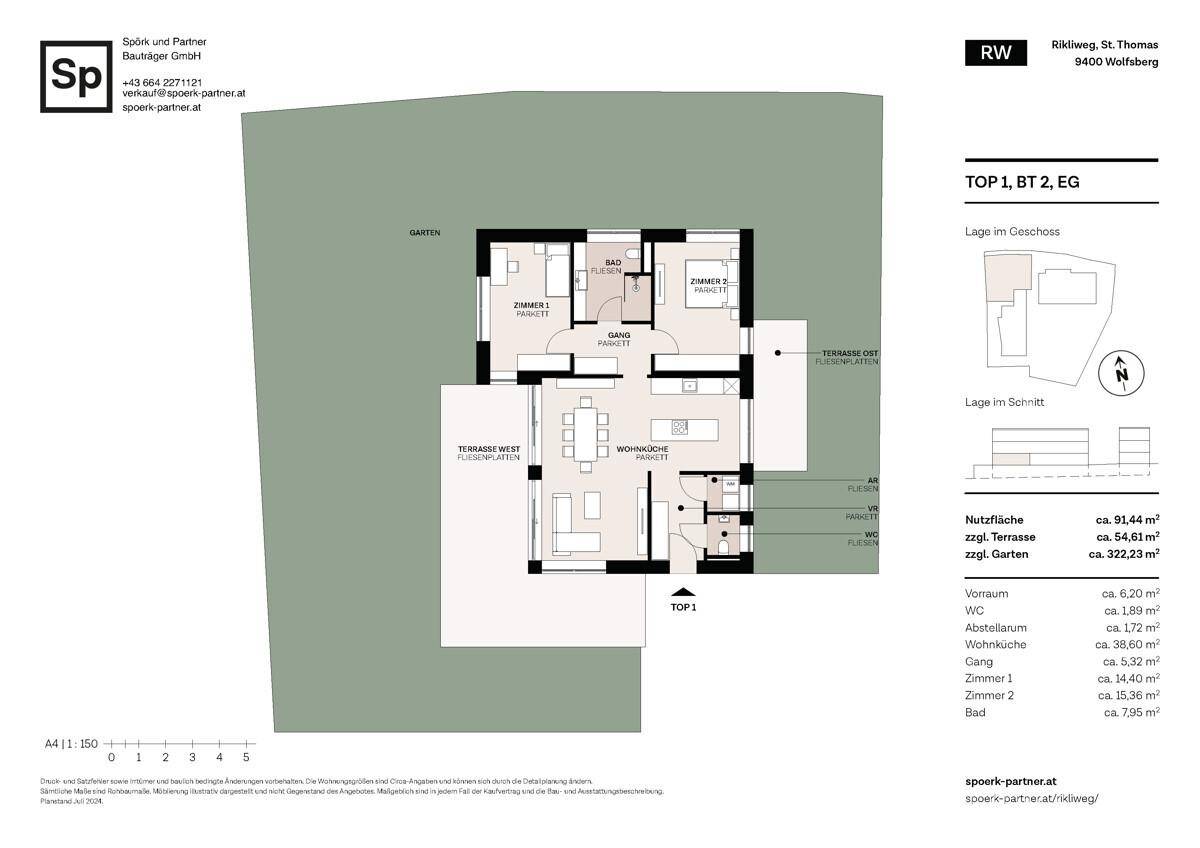 Grundriss der Erdgeschosswohnung TOP 1 mit Terrasse, Loggia und großem Gartenbereich.