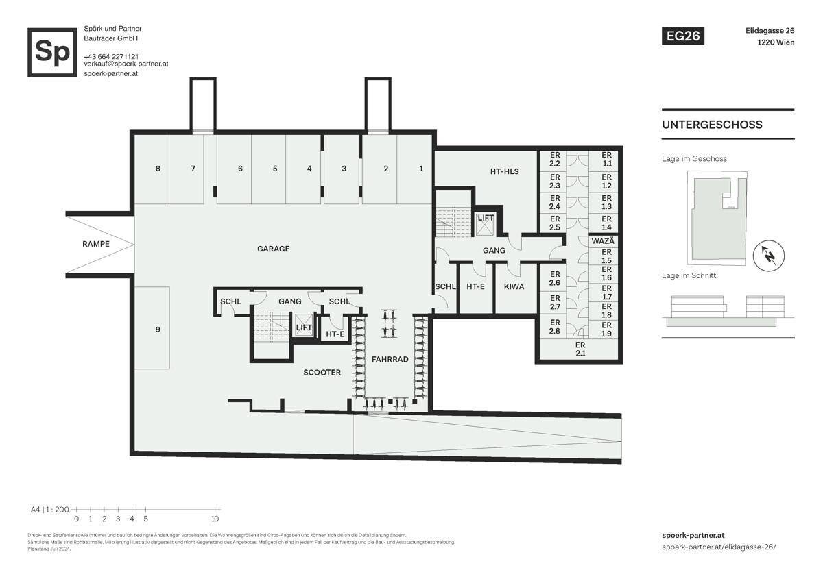 Grundriss des Untergeschosses mit Tiefgarage, Abstellräumen, Fahrradraum und Aufzug.