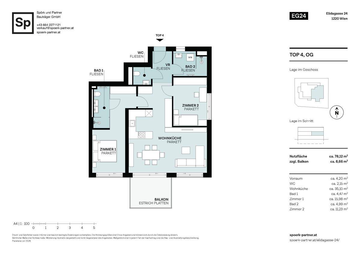 Grundriss einer Obergeschosswohnung mit offener Wohnküche, zwei Schlafzimmern, zwei Bädern, separatem WC und Balkonzugang.