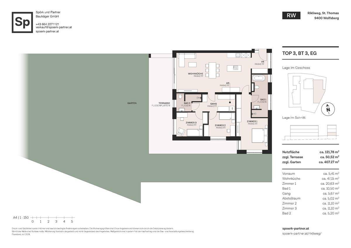 Grundriss einer Erdgeschosswohnung mit Terrasse und großem Gartenbereich.