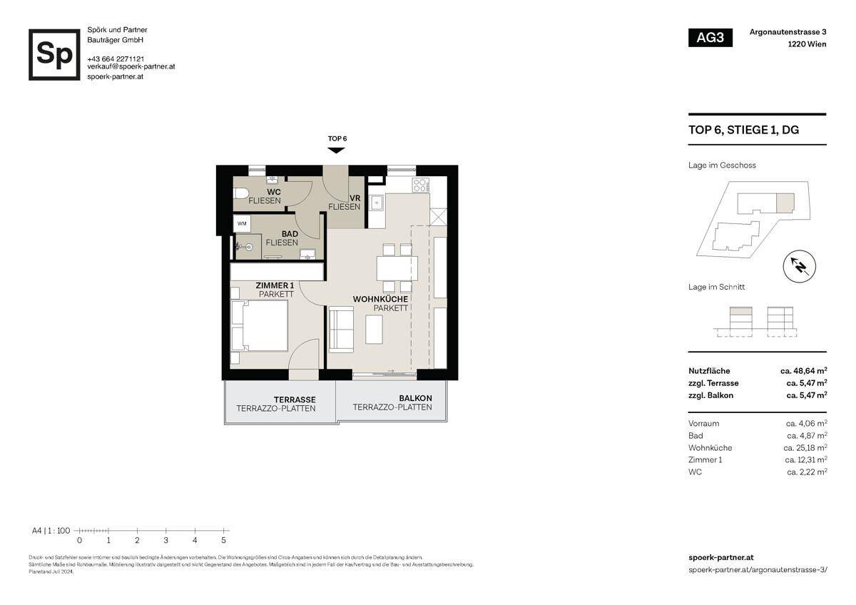 Grundriss einer Wohnung mit einem Schlafzimmer, offener Wohnküche, Bad, separatem WC, Terrasse und Balkon.