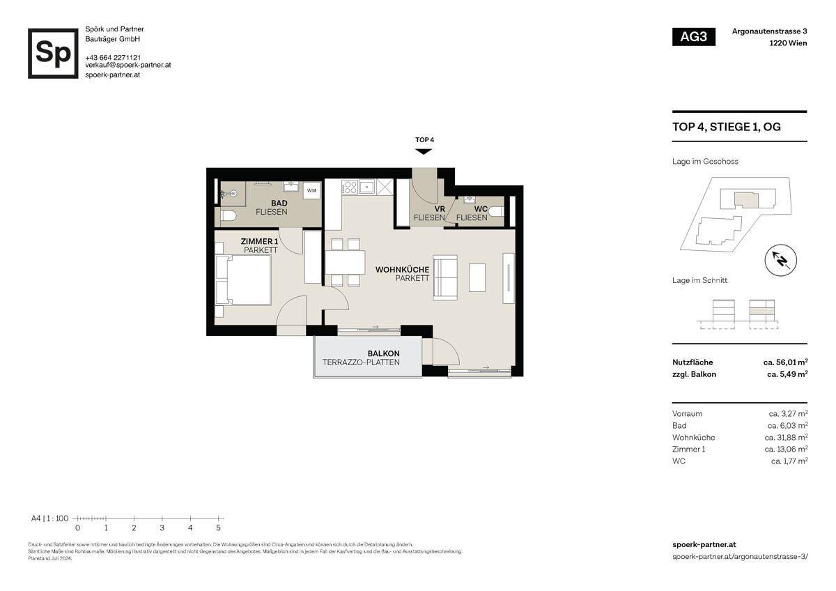 Grundriss einer Wohnung mit einem Schlafzimmer, offener Wohnküche, Bad, separatem WC und Balkon.