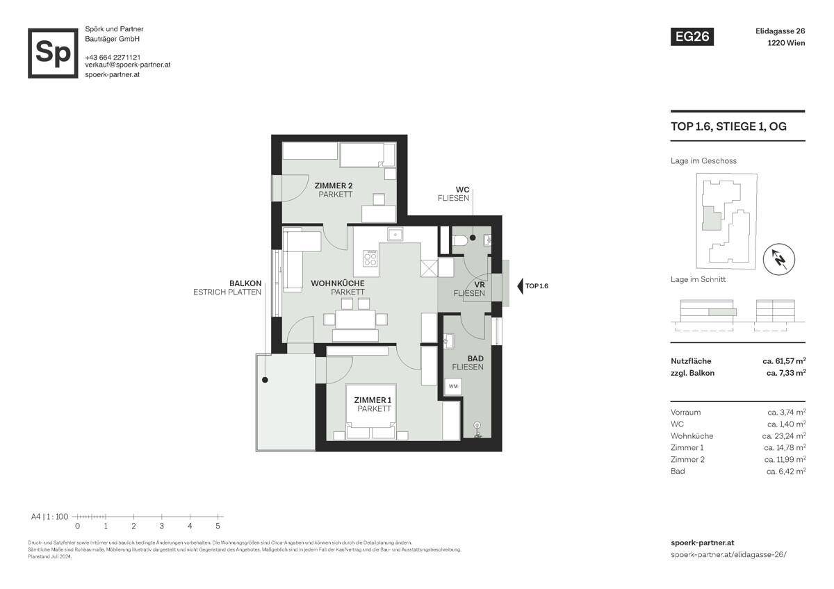 Grundriss einer Wohnung mit zwei Schlafzimmern, offenem Wohn-Essbereich, Bad, separatem WC und Balkon.