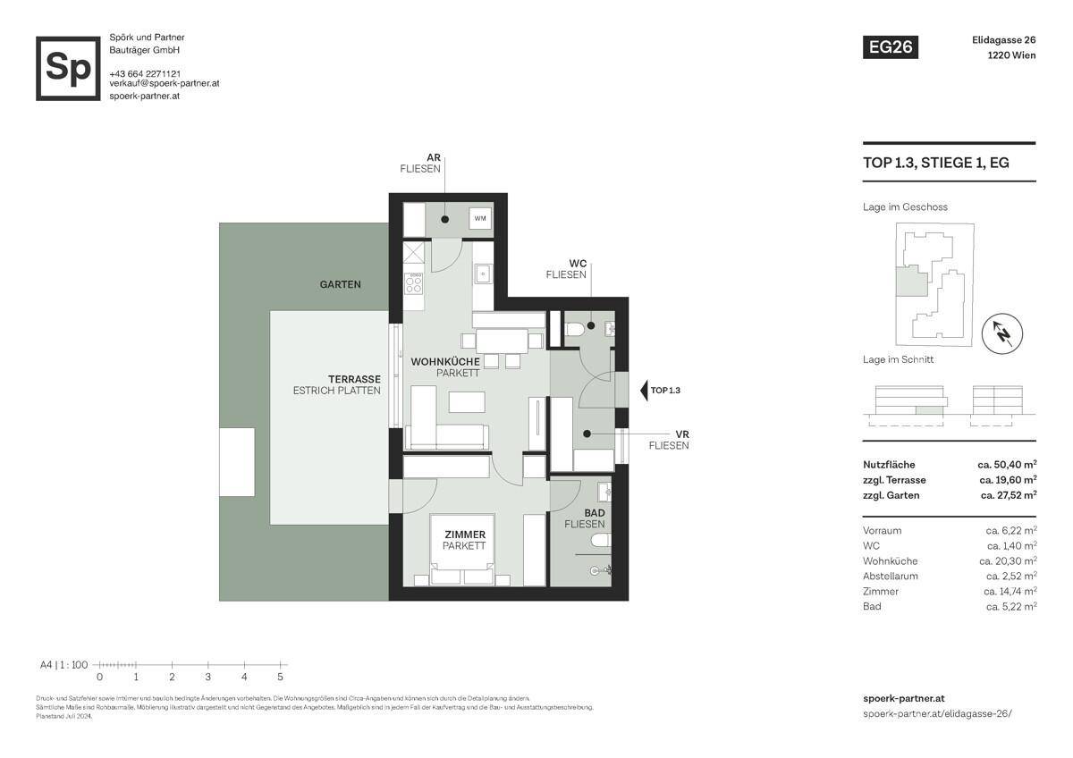 Grundriss einer Erdgeschosswohnung mit offener Wohnküche, einem Schlafzimmer, Bad, WC, Terrasse und Garten.