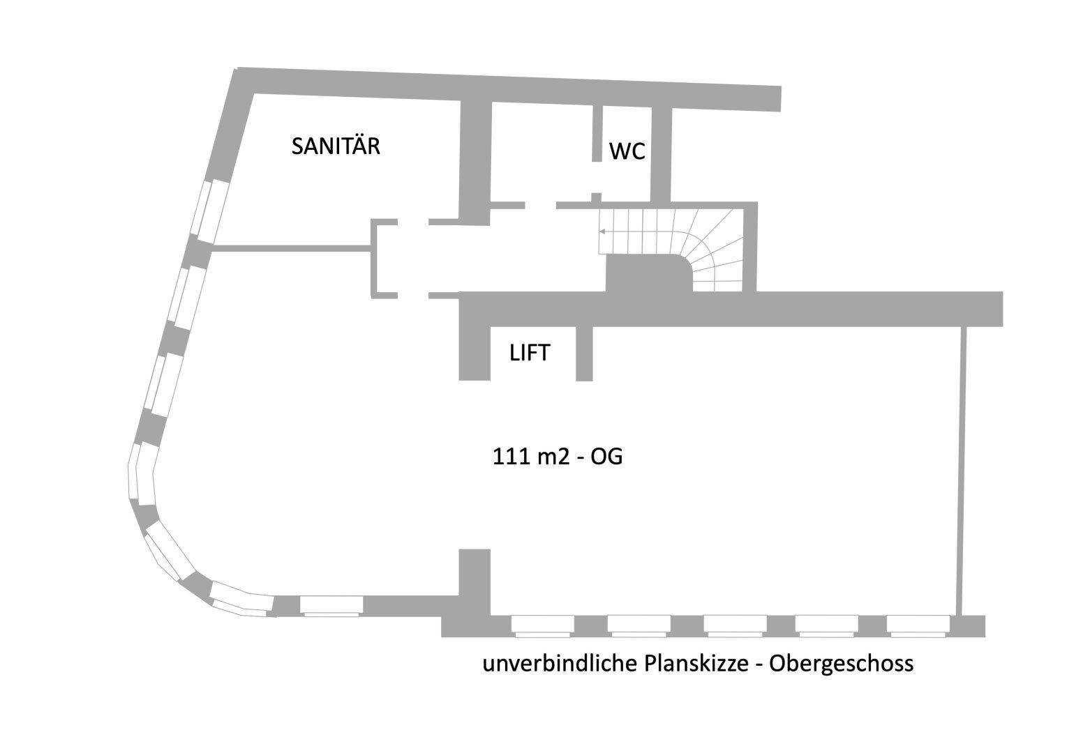 Grundriss des Obergeschosses mit Sanitärbereich, separatem WC und Aufzug.
