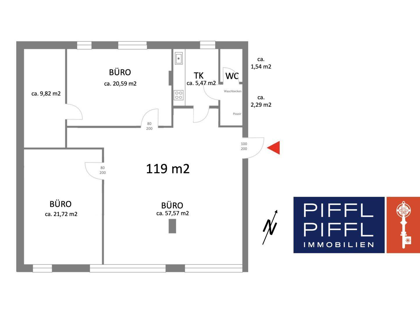 Grundrissplan eines Büros mit mehreren Räumen, einer Teeküche und einer Gesamtfläche von 119 m².