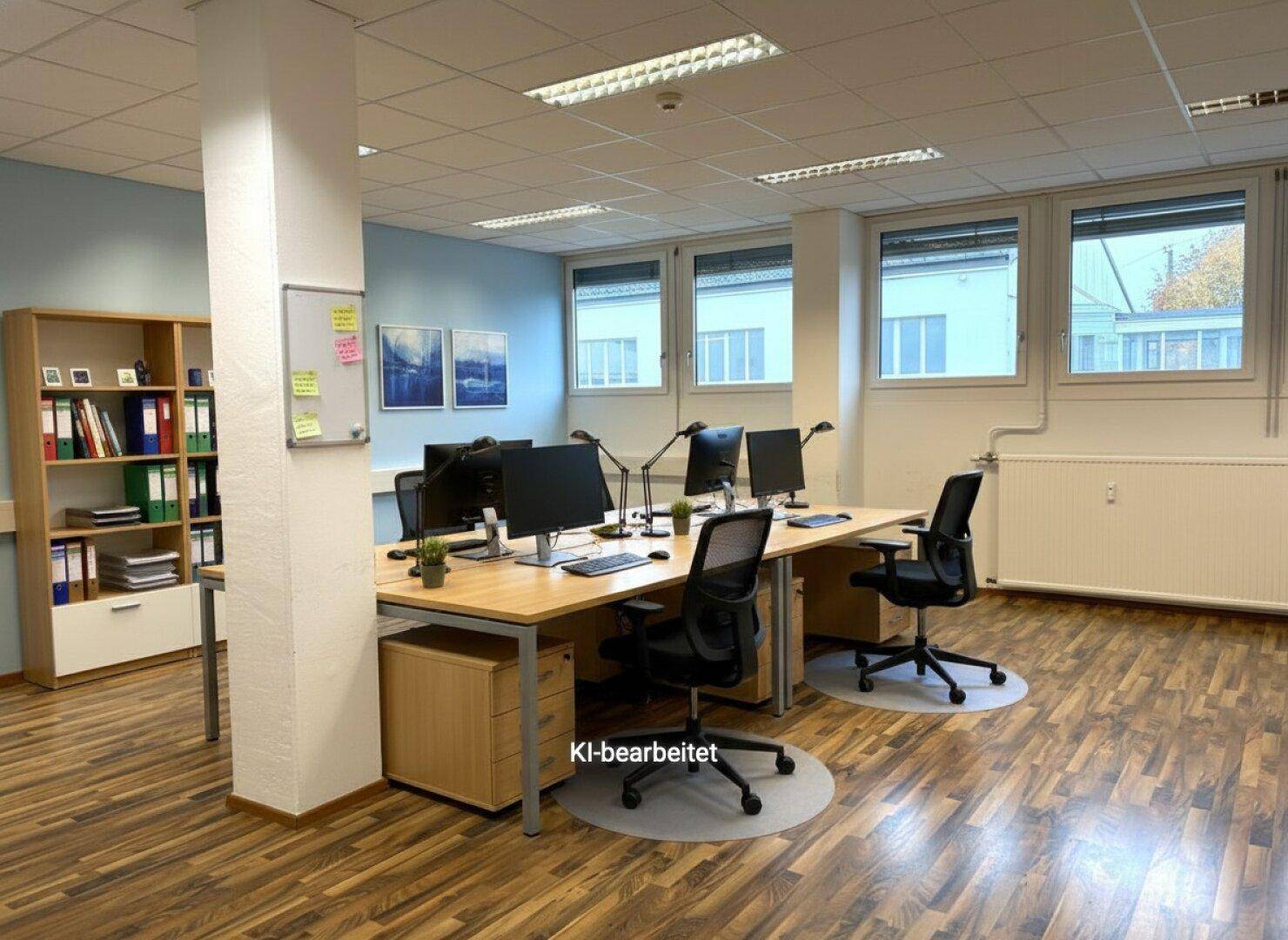 Modern eingerichtetes Büro mit mehreren Arbeitsplätzen, Holzfußboden und viel Tageslicht.